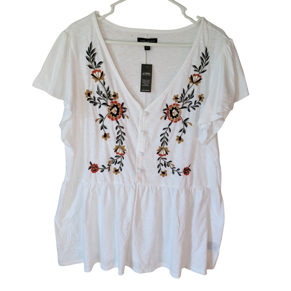 Lane Bryant White Swing Flutter-Sleeve Embroidered Babydoll Top Plus Size 18/20